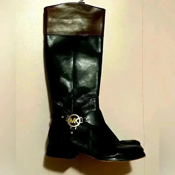 MICHAEL KORS FULTON HARNESS BLACK MOCHA LEATHER RIDING BOOTS WOMENS SIZE 8 - Picture 5 of 9